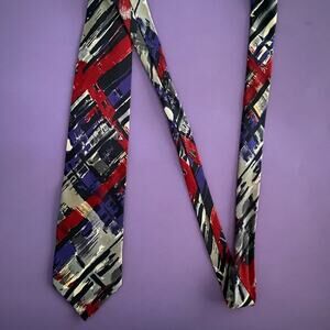 OLEG CASSINI Men's 100% Silk Necktie Italy Red Black Blue Gray Abstract Print